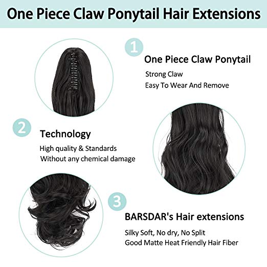 20〞Claw Ponytail Clip in Hair Extensions Hairpiece Synthetic Light Curly Soft Silky Nature Looking Heat-Resisting Different Colors for Women Fashion and Beauty-1B#